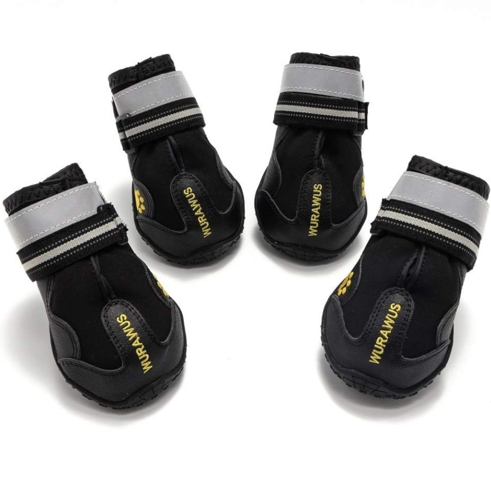 Waterproof Dog Boots with Adjustable Reflective Straps Anti-Slip Sole Black 4PCS